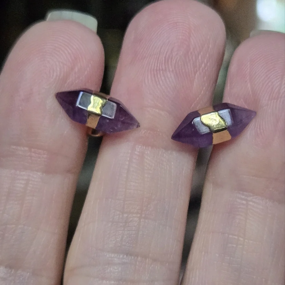 Amethyst natural crystal gemstone sterling & gold earrings - Picture 8 of 8